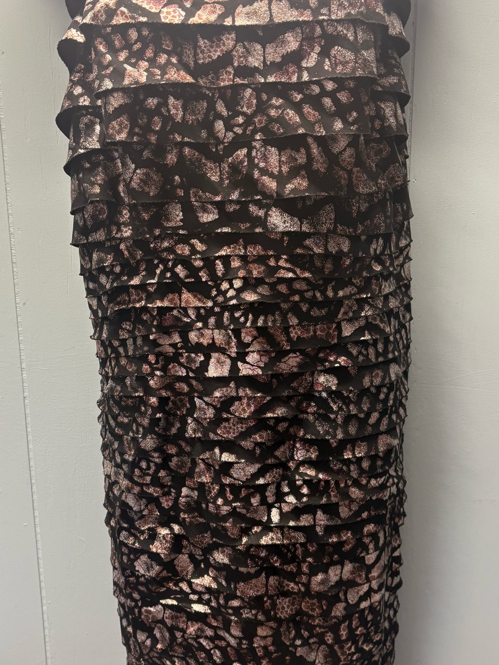 dressbarn Black Midi Dress with Metallic Bronze Leopard Ruffle Layers